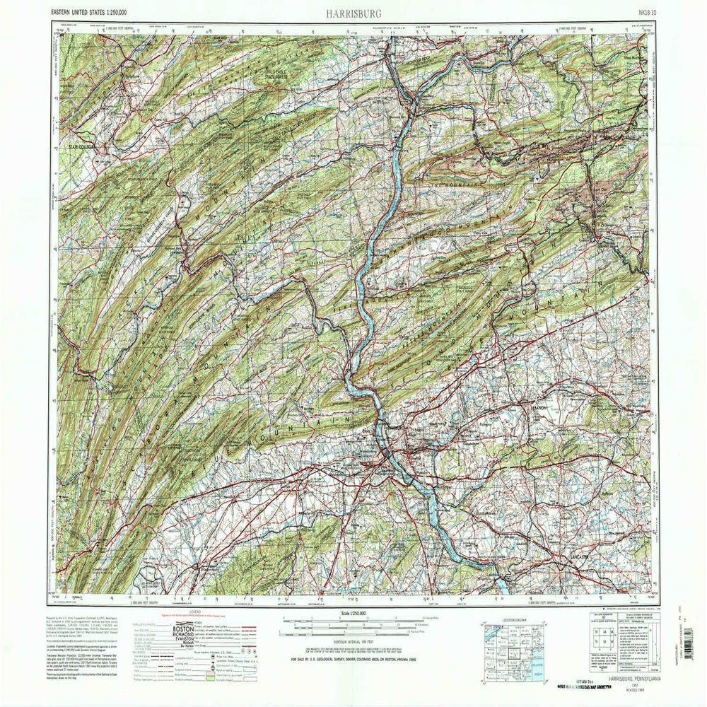 YellowMaps Harrisburg PA topo map, 1:250000 Scale, 1 X 2 Degree, Historical, 1957, Updated 1988, 22.2 x 32.2 in - Polypropylene