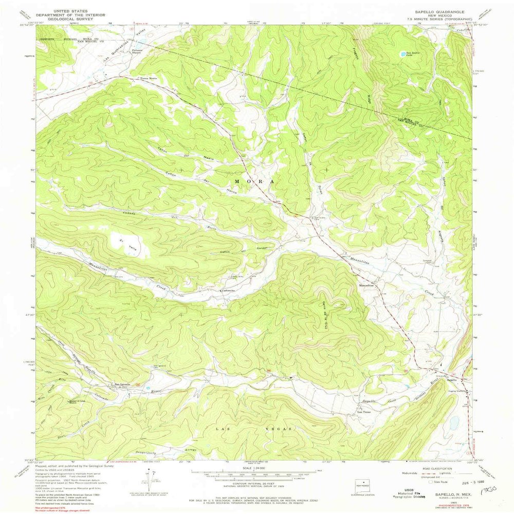 Sapello NM topo map, 1:24000 Scale, 7.5 X 7.5 Minute, Historical, 1965, Updated 1980, 26.9 x 21.8 in - Polypropylene