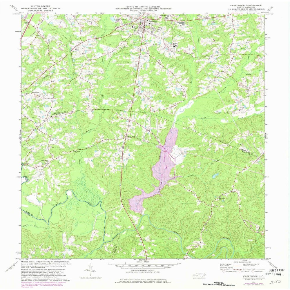 YellowMaps Creedmoor NC topo map, 1:24000 Scale, 7.5 X 7.5 Minute, Historical, 1974, Updated 1982, 26.9 x 21.9 in - Polypropylene