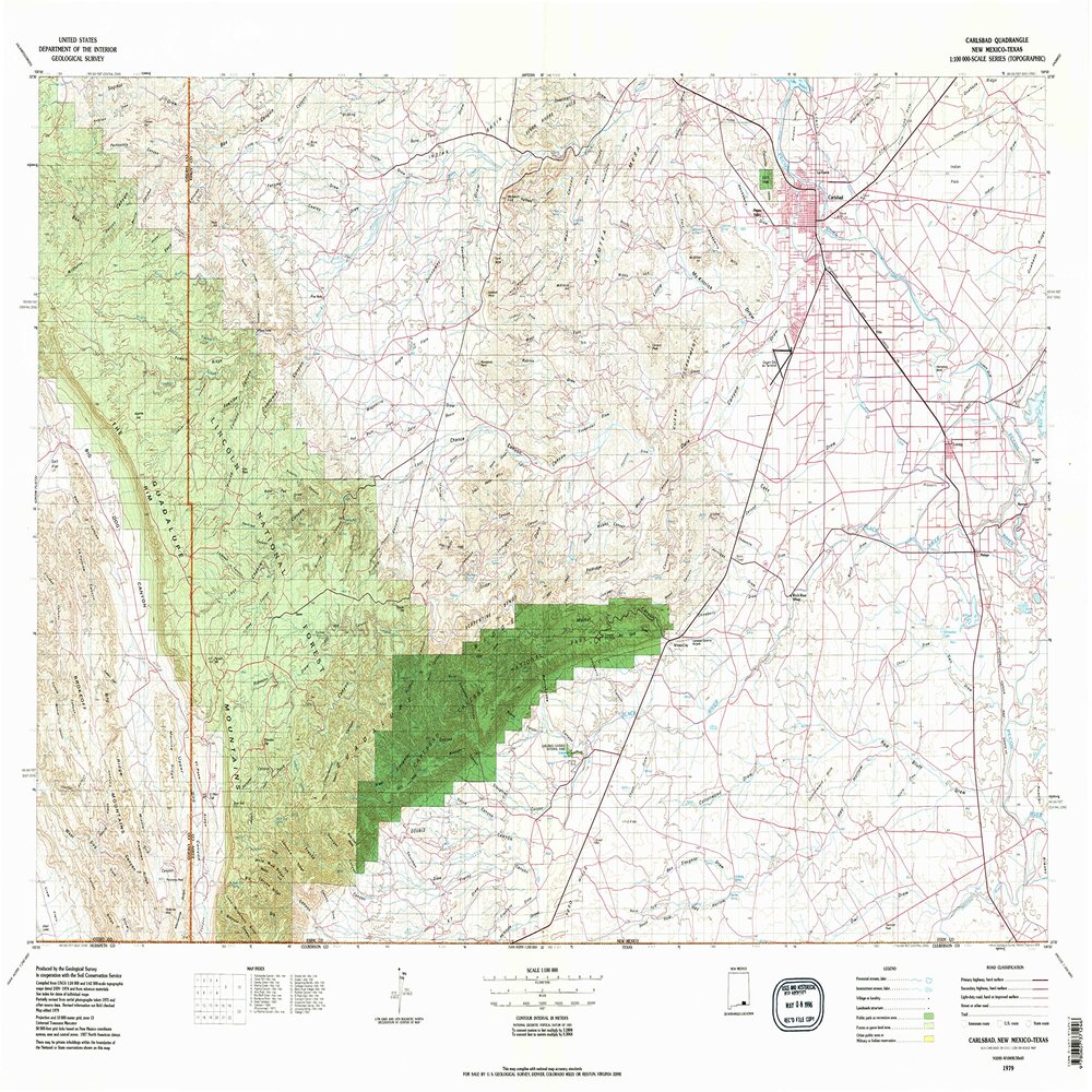 YellowMaps Carlsbad NM topo map, 1:100000 Scale, 30 X 60 Minute, Historical, 1979, Updated 1979, 27.5 x 40.2 in - Polypropylene