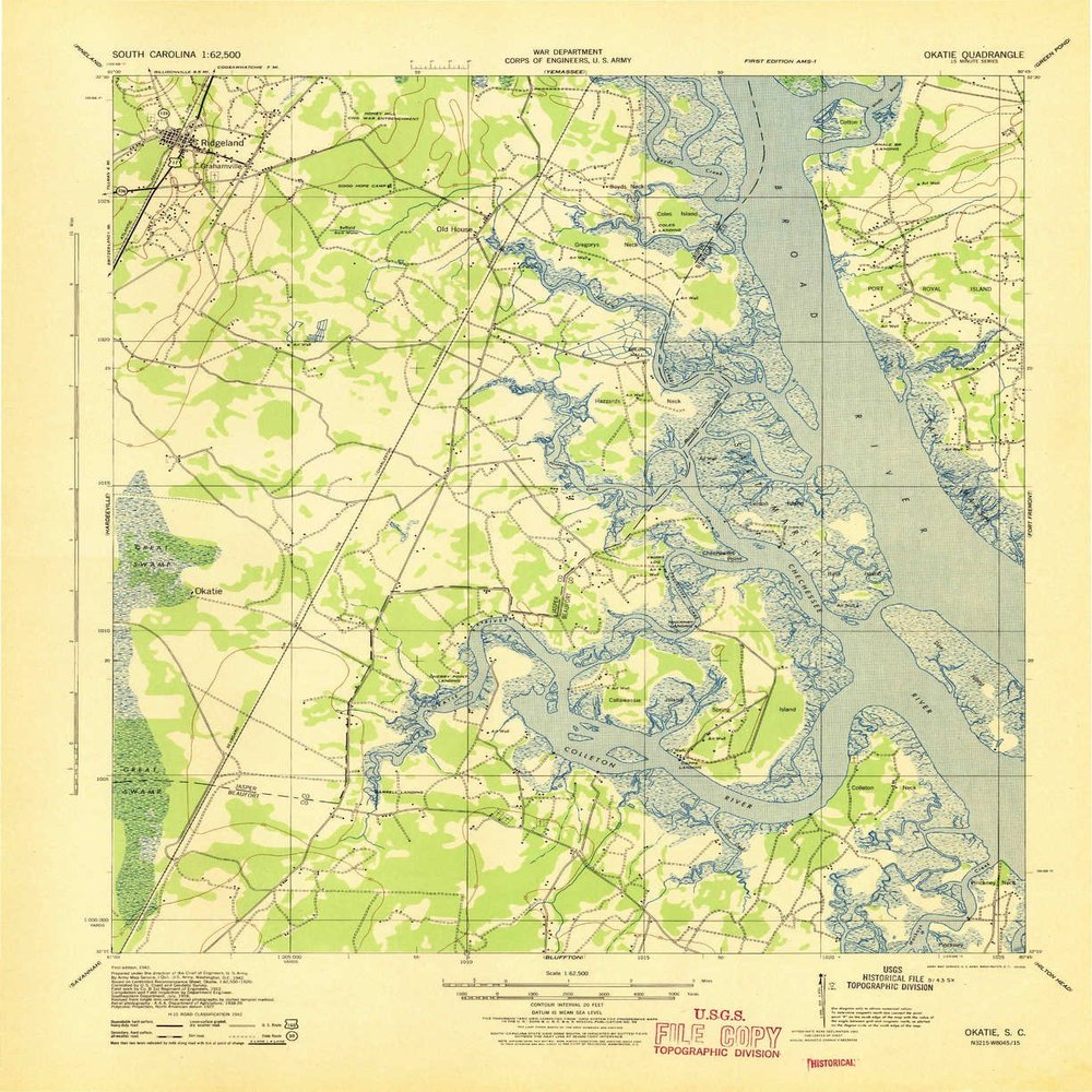 YellowMaps Okatie SC topo map, 1:62500 Scale, 15 X 15 Minute, Historical, 1942, 21.7 x 17.7 in - Polypropylene