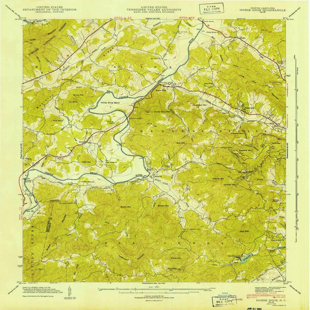 YellowMaps Horse Shoe NC topo map, 1:24000 Scale, 7.5 X 7.5 Minute, Historical, 1942, 26.8 x 22 in - Tyvek
