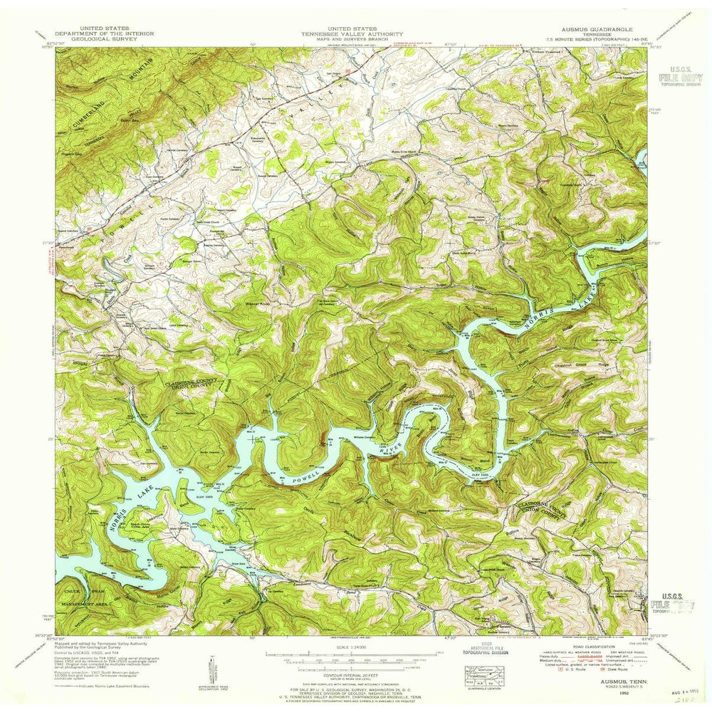 YellowMaps Ausmus TN topo map, 1:24000 Scale, 7.5 X 7.5 Minute, Historical, 1952, Updated 1955, 27.5 x 22.1 in - Polypropylene