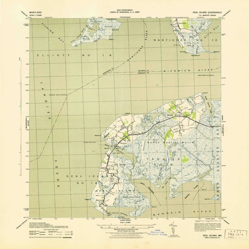 Deal Island MD topo map, 1:31680 Scale, 7.5 X 7.5 Minute, Historical, 1943, 21.5 x 17.7 in - Polypropylene