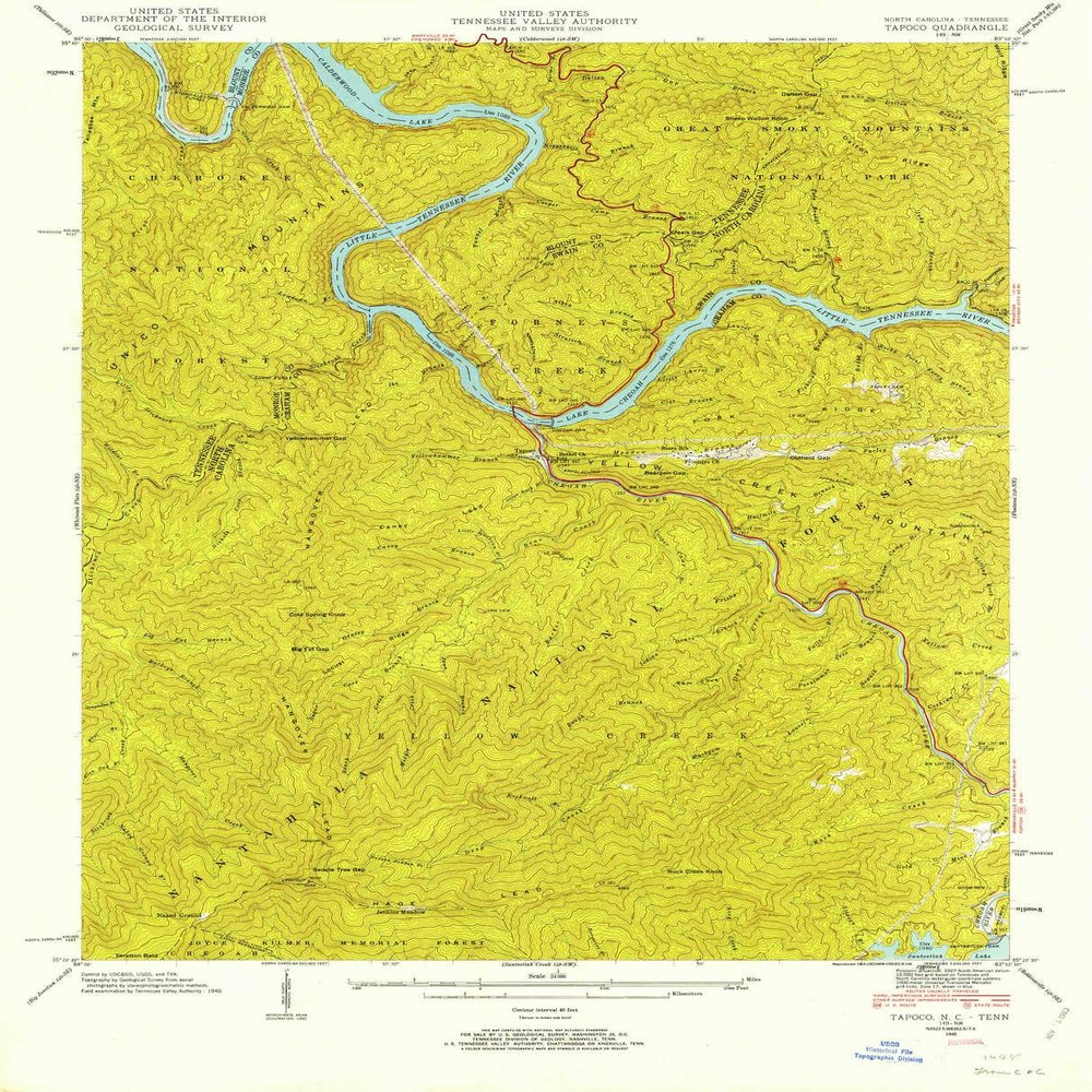 YellowMaps Tapoco NC topo map, 1:24000 Scale, 7.5 X 7.5 Minute, Historical, 1940, Updated 1963, 27.1 x 21.9 in - Tyvek
