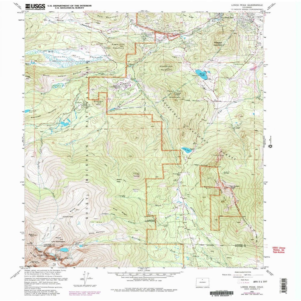 YellowMaps Longs Peak CO topo map, 1:24000 Scale, 7.5 X 7.5 Minute, Historical, 1961, Updated 1978, 27 x 22 in - Tyvek