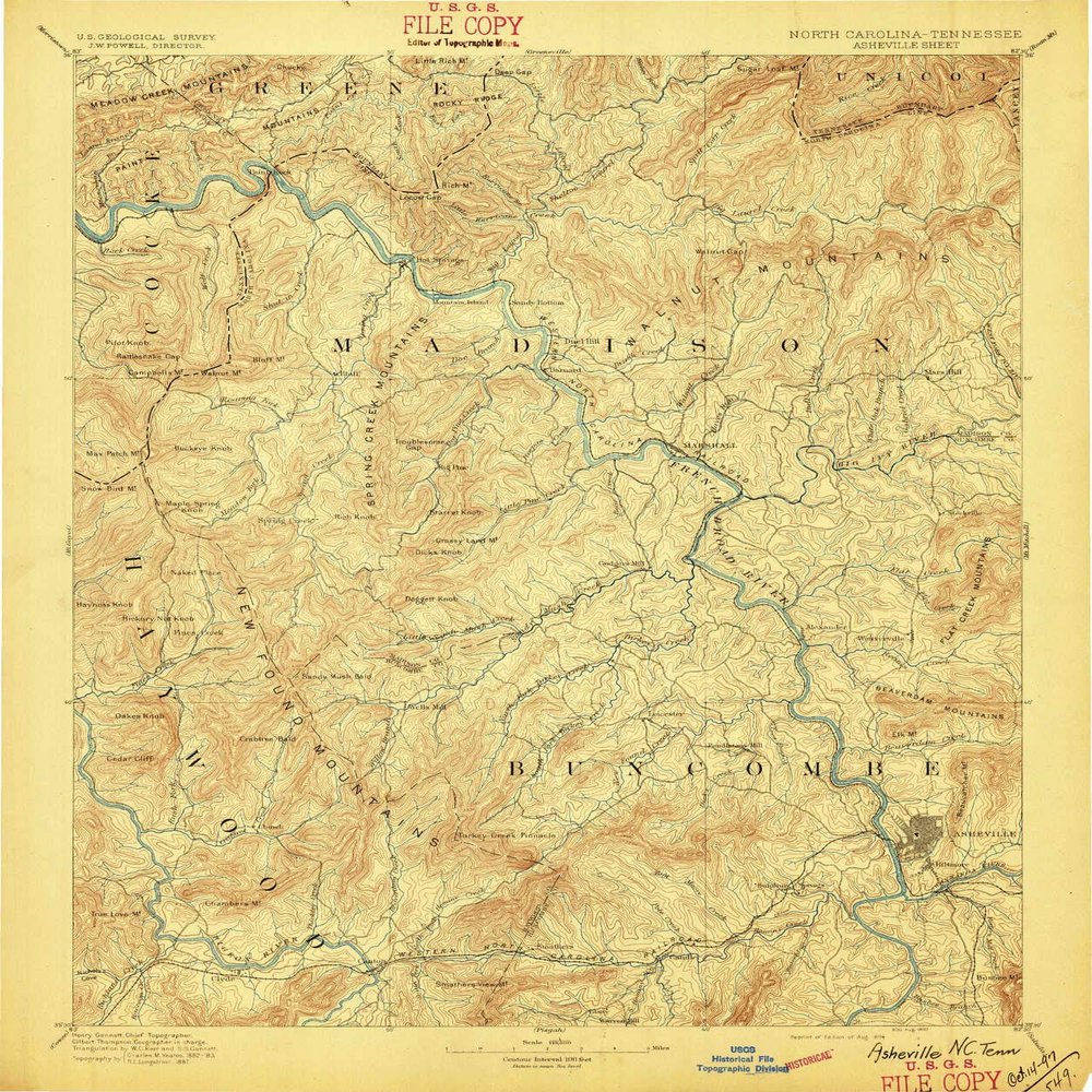 YellowMaps Asheville NC topo map, 1:125000 Scale, 30 X 30 Minute, Historical, 1894, Updated 1897, 19.7 x 16.4 in - Tyvek