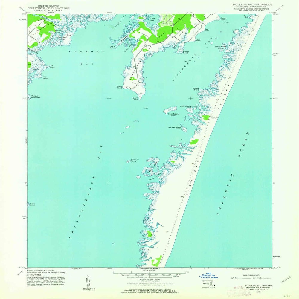 YellowMaps Tingles Island MD topo map, 1:24000 Scale, 7.5 X 7.5 Minute, Historical, 1942, Updated 1962, 26.9 x 21.9 in - Polypropylene