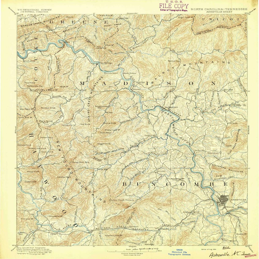 YellowMaps Asheville NC topo map, 1:125000 Scale, 30 X 30 Minute, Historical, 1894, 19.6 x 16 in - Tyvek