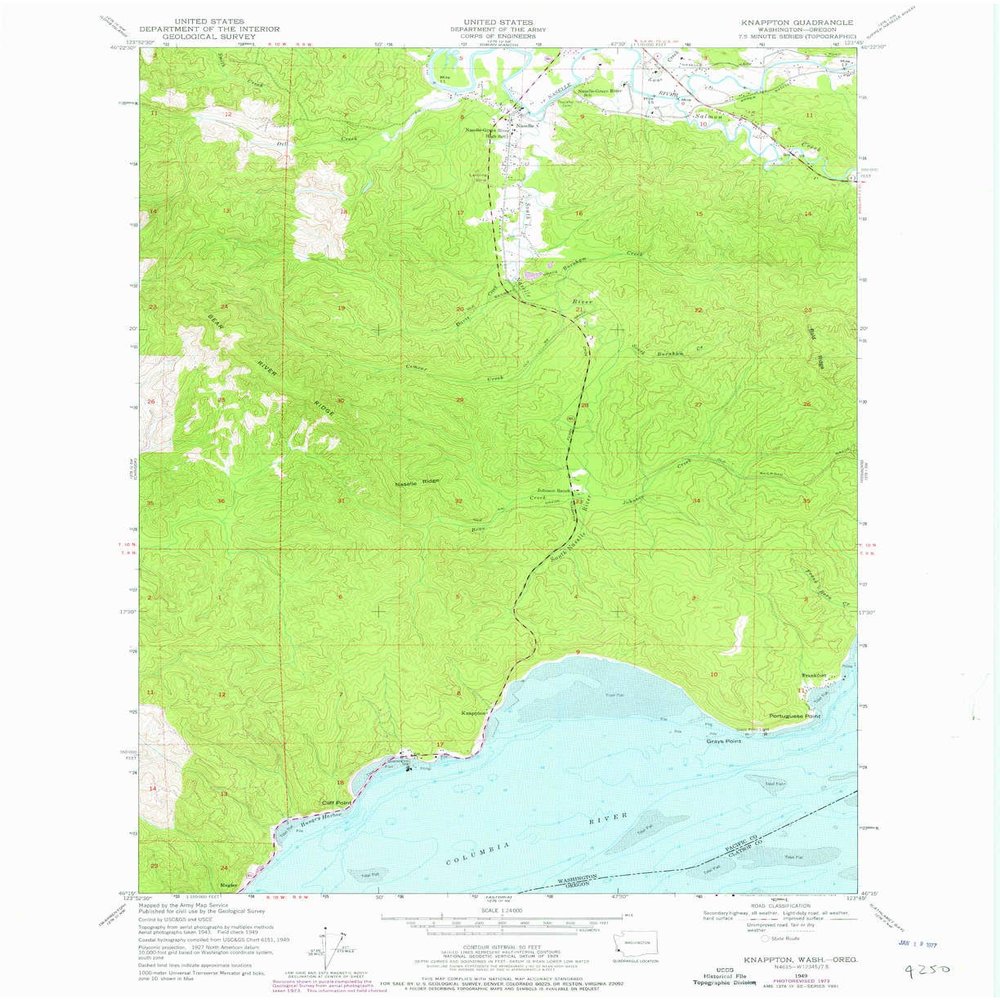 YellowMaps Knappton WA topo map, 1:24000 Scale, 7.5 X 7.5 Minute, Historical, 1949, Updated 1976, 26.9 x 22 in - Tyvek