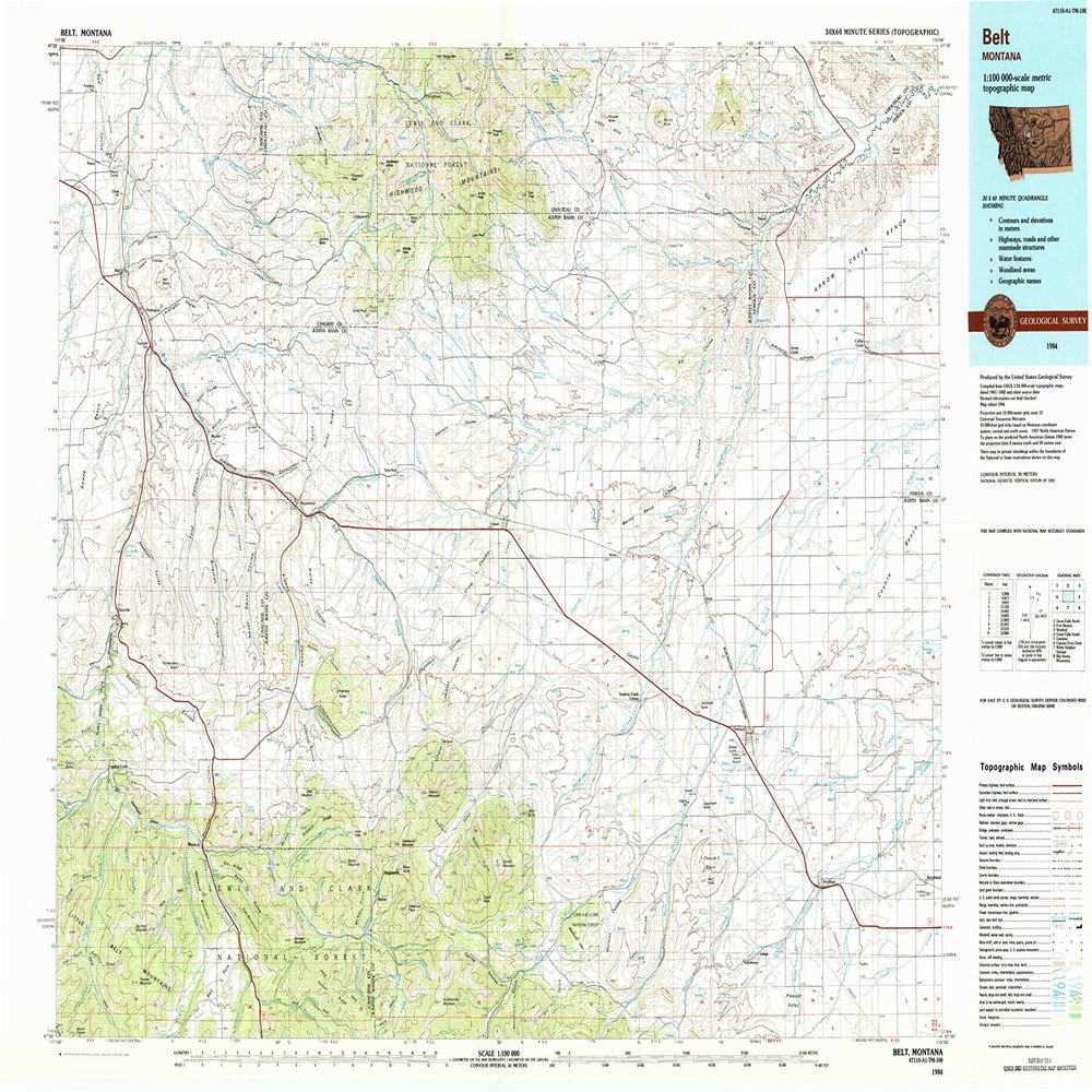 YellowMaps Belt MT topo map, 1:100000 Scale, 30 X 60 Minute, Historical, 1984, Updated 1984, 24.1 x 36.9 in - Polypropylene