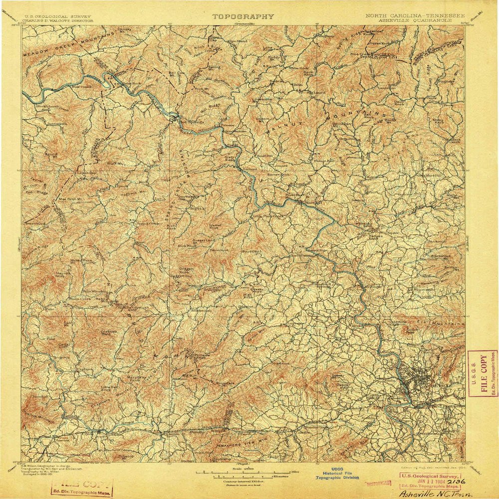 YellowMaps Asheville NC topo map, 1:125000 Scale, 30 X 30 Minute, Historical, 1901, Updated 1904, 19.9 x 16 in - Polypropylene
