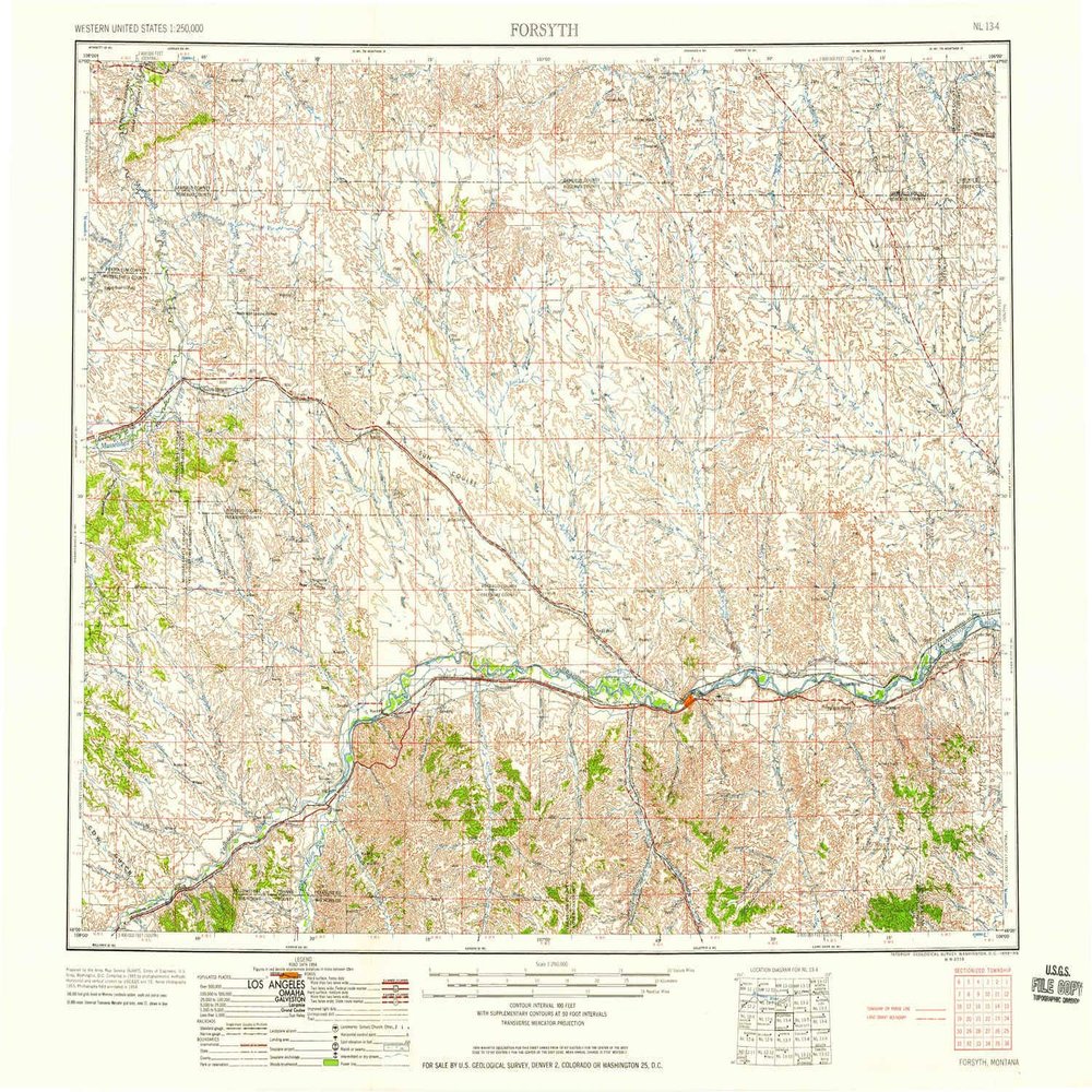 YellowMaps Forsyth MT topo map, 1:250000 Scale, 1 X 2 Degree, Historical, 1958, 22 x 28.9 in - Polypropylene
