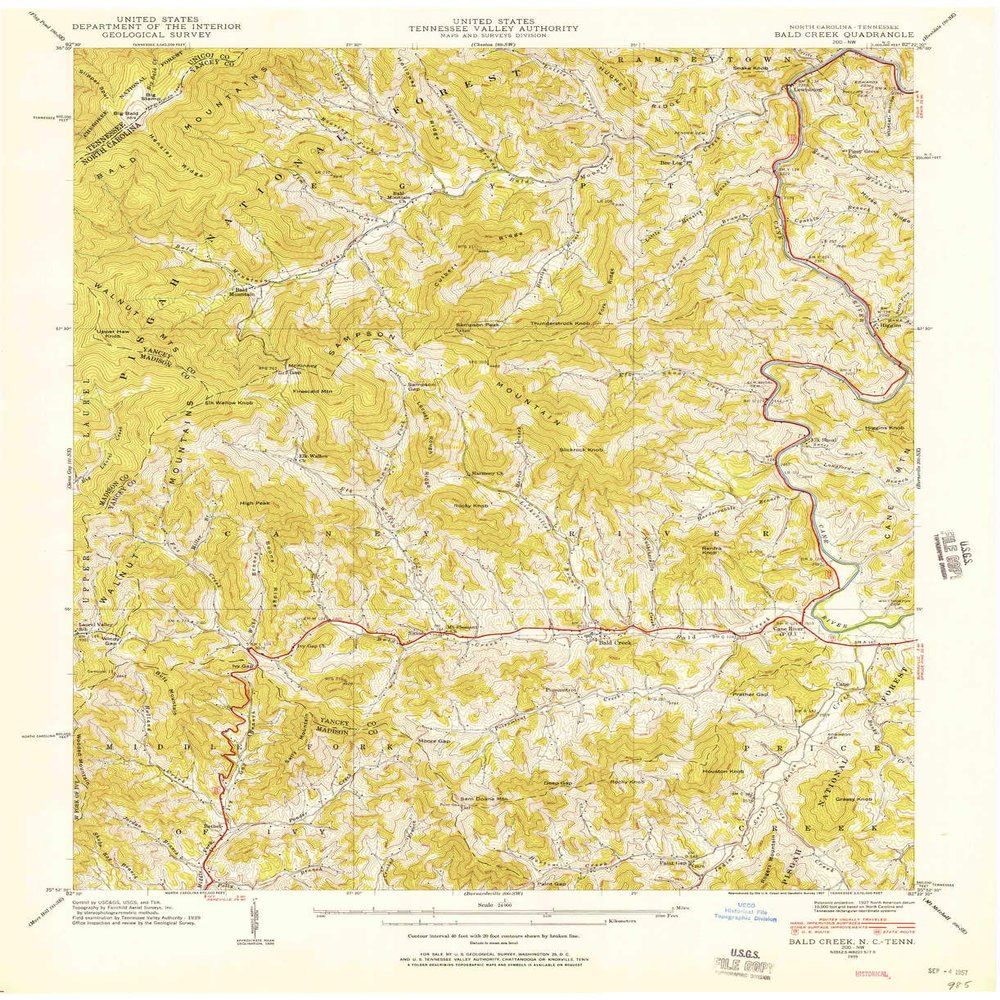 YellowMaps Bald Creek NC topo map, 1:24000 Scale, 7.5 X 7.5 Minute, Historical, 1939, 27 x 22 in - Polypropylene