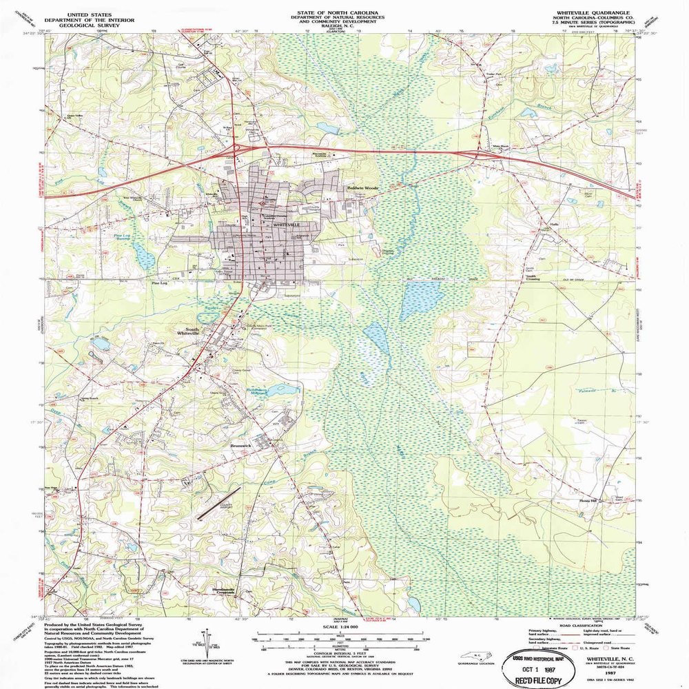 YellowMaps Whiteville NC topo map, 1:24000 Scale, 7.5 X 7.5 Minute, Historical, 1987, Updated 1987, 26.8 x 22 in - Tyvek