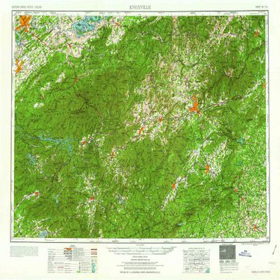 YellowMaps Knoxville TN topo map, 1:250000 Scale, 1 X 2 Degree, Historical, 1960, 22.1 x 32 in - Tyvek