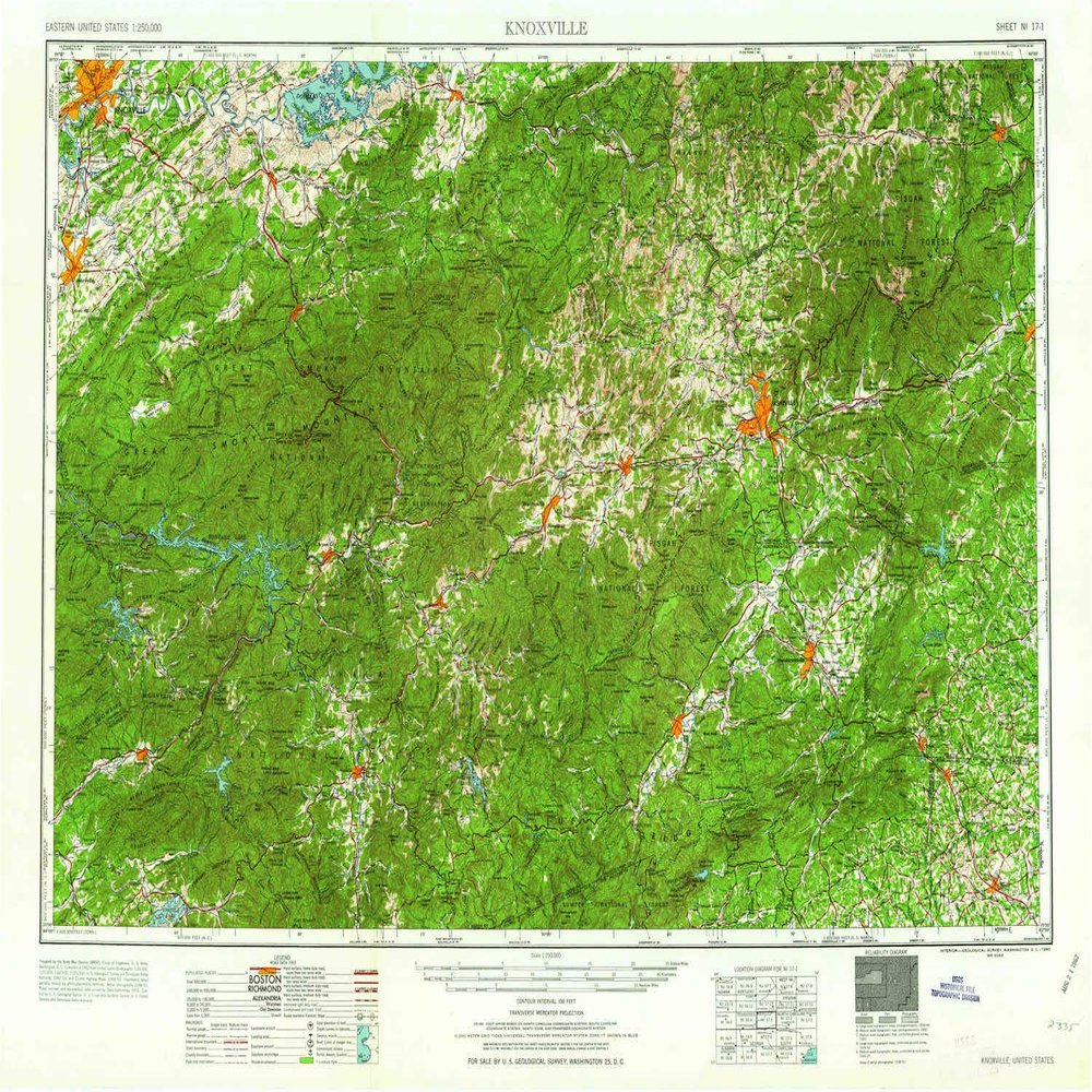YellowMaps Knoxville TN topo map, 1:250000 Scale, 1 X 2 Degree, Historical, 1960, 22.1 x 32 in - Tyvek