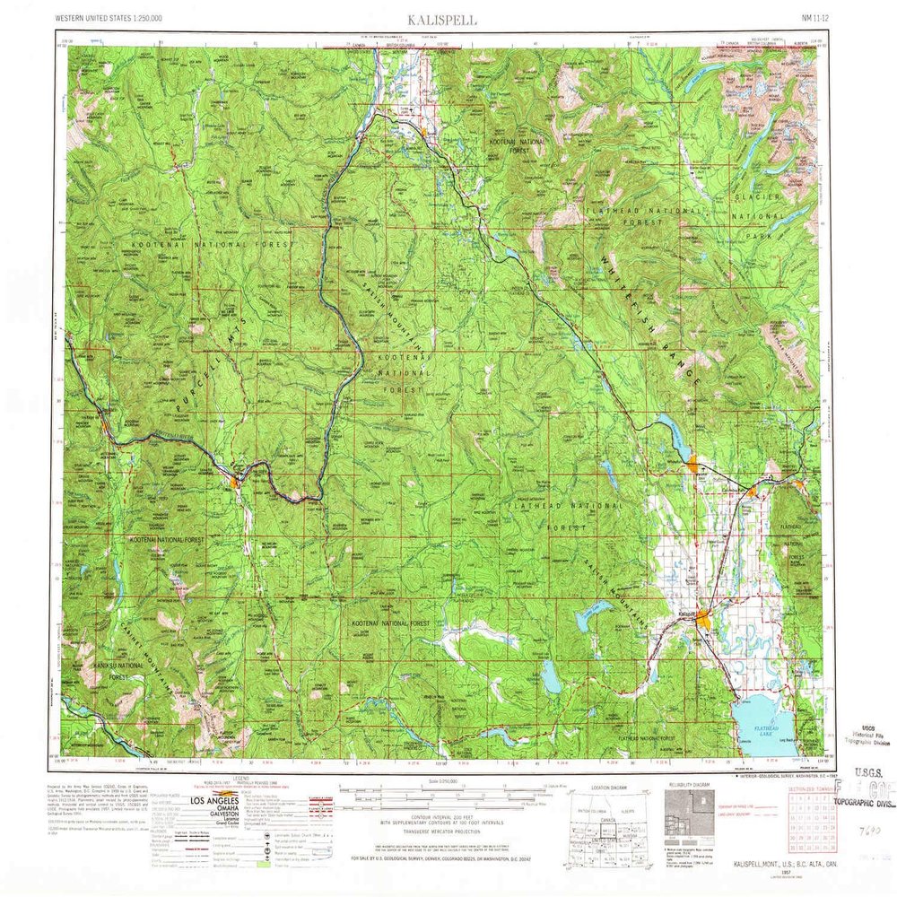 YellowMaps Kalispell MT topo map, 1:250000 Scale, 1 X 2 Degree, Historical, 1957, Updated 1967, 22.1 x 27.6 in - Tyvek