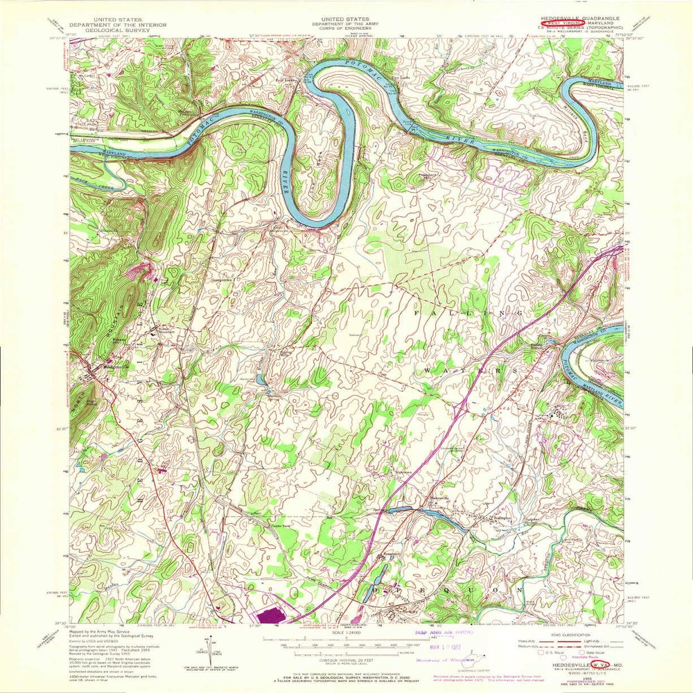 YellowMaps Hedgesville WV topo map, 1:24000 Scale, 7.5 X 7.5 Minute, Historical, 1955, Updated 1972, 27 x 22 in - Tyvek