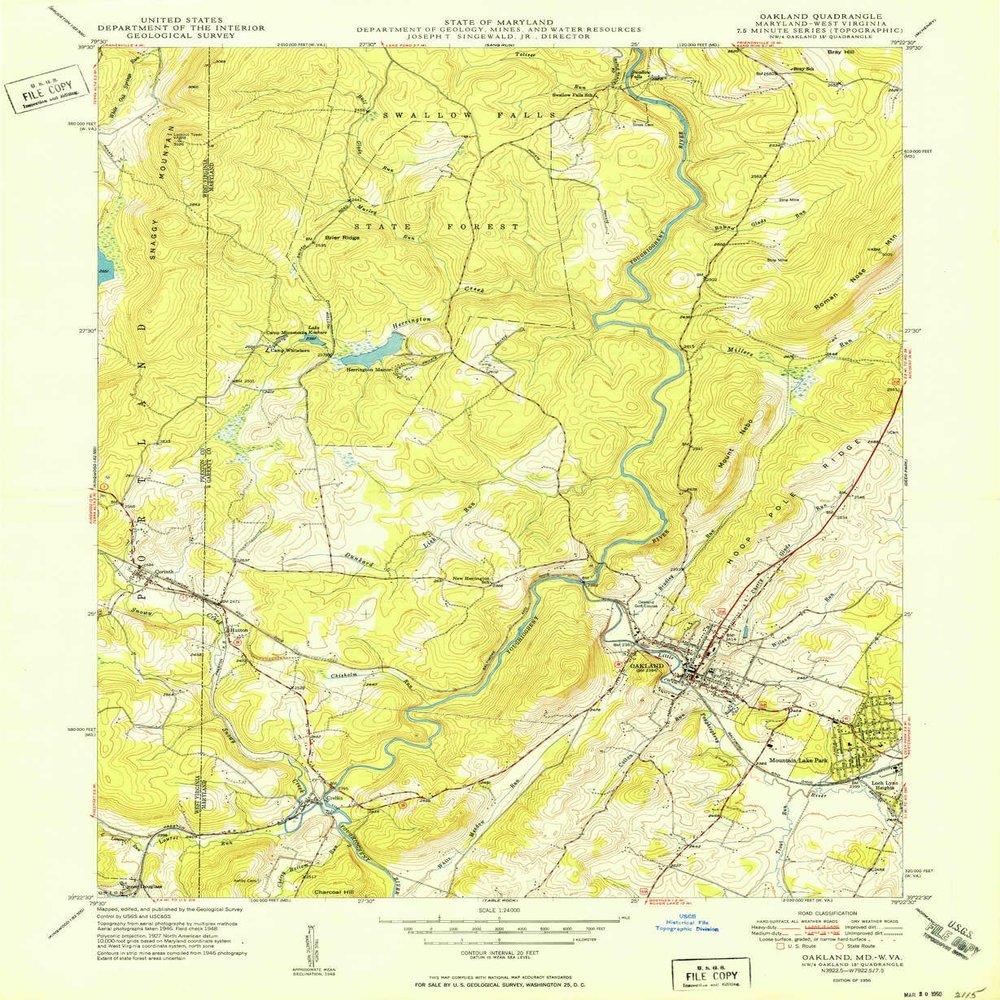 YellowMaps Oakland MD topo map, 1:24000 Scale, 7.5 X 7.5 Minute, Historical, 1950, 26.8 x 21.9 in - Polypropylene