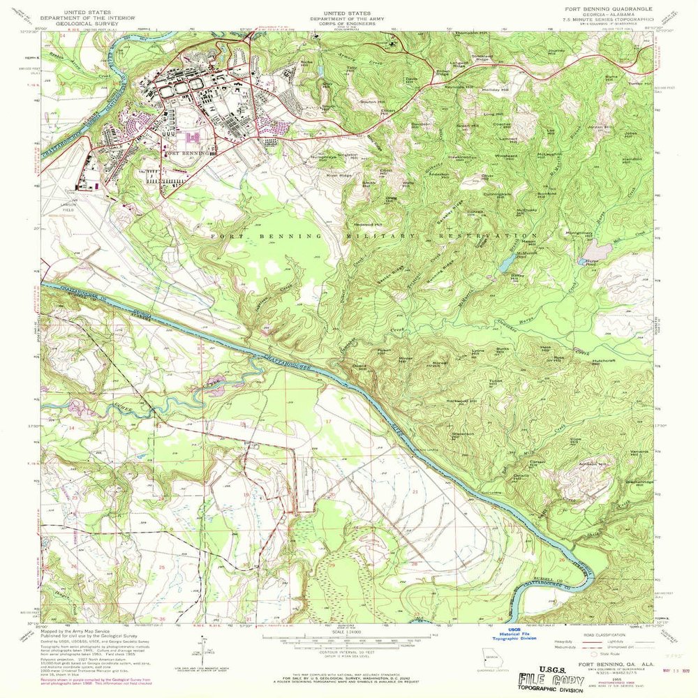 YellowMaps Fort Benning GA topo map, 1:24000 Scale, 7.5 X 7.5 Minute, Historical, 1955, Updated 1970, 26.8 x 22 in - Polypropylene