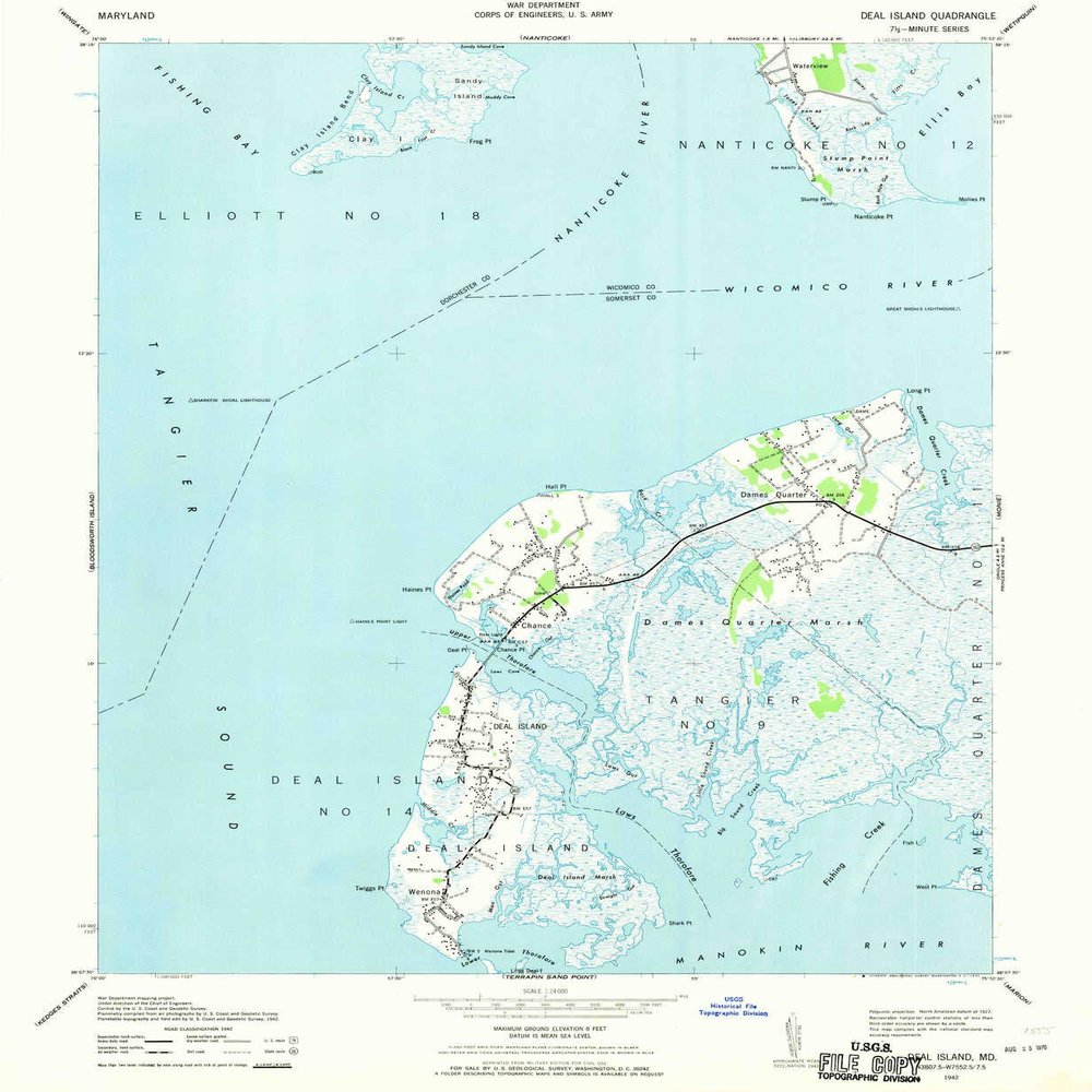 Deal Island MD topo map, 1:24000 Scale, 7.5 X 7.5 Minute, Historical, 1942, Updated 1970, 26.7 x 21.9 in - Tyvek