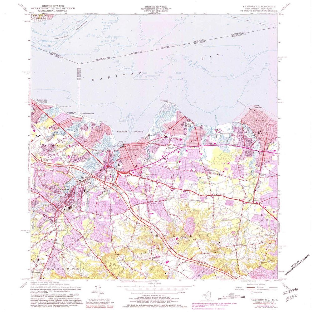 YellowMaps Keyport NJ topo map, 1:24000 Scale, 7.5 X 7.5 Minute, Historical, 1954, Updated 1981, 26.8 x 22 in - Tyvek