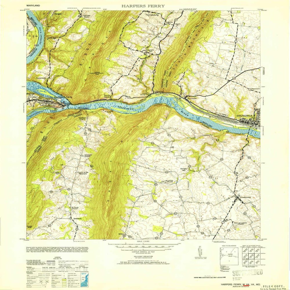 YellowMaps Harpers Ferry WV topo map, 1:24000 Scale, 7.5 X 7.5 Minute, Historical, 1953, 28.9 x 21.9 in - Polypropylene