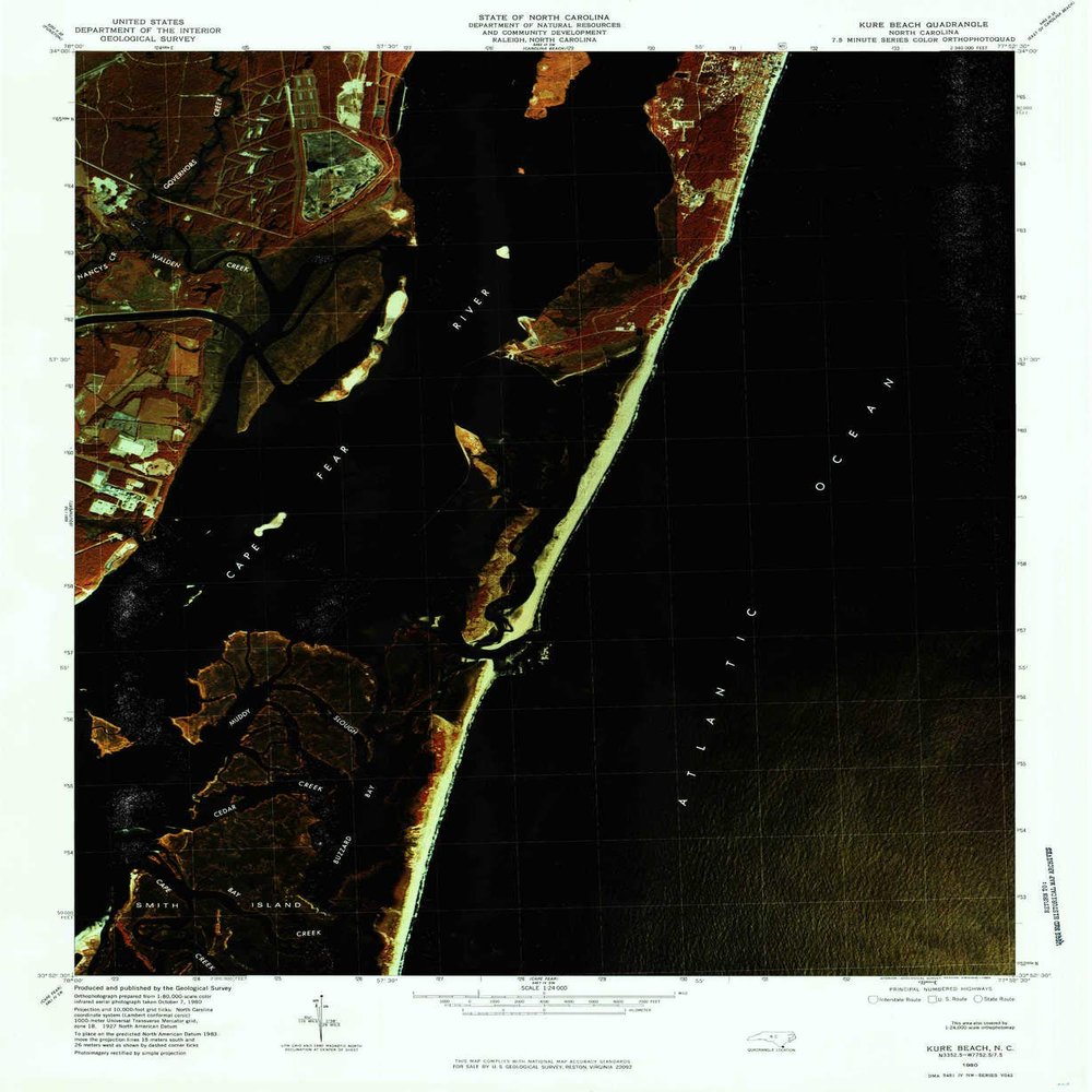 YellowMaps Kure Beach NC topo map, 1:24000 Scale, 7.5 X 7.5 Minute, Historical, 1980, Updated 1985, 26.8 x 22 in - Polypropylene