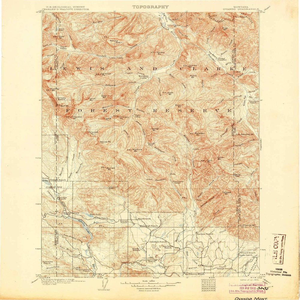 YellowMaps Ovando MT topo map, 1:125000 Scale, 30 X 30 Minute, Historical, 1905, 19.8 x 16.5 in - Paper