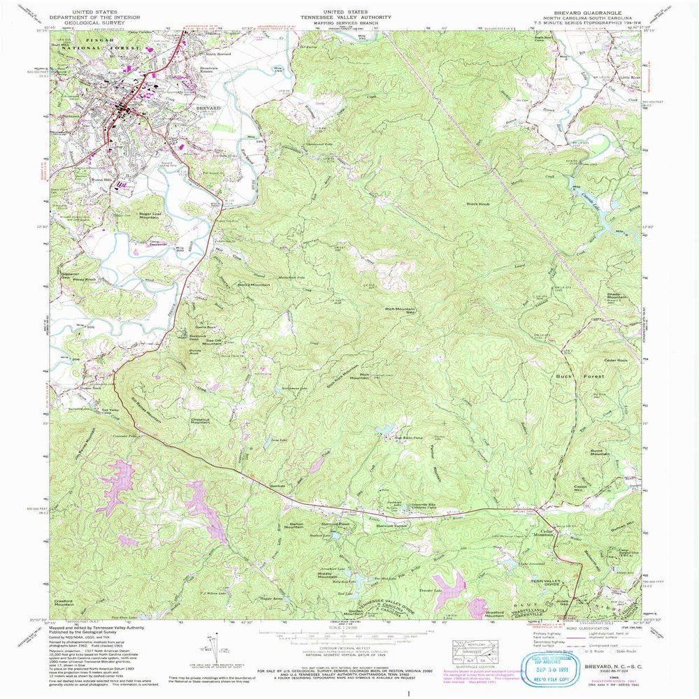 YellowMaps Brevard NC topo map, 1:24000 Scale, 7.5 X 7.5 Minute, Historical, 1965, Updated 1991, 27 x 22.1 in - Tyvek