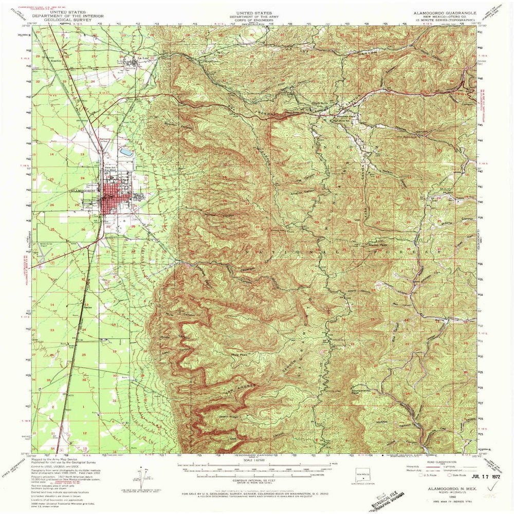 YellowMaps Alamogordo NM topo map, 1:62500 Scale, 15 X 15 Minute, Historical, 1950, Updated 1972, 21 x 17 in - Polypropylene