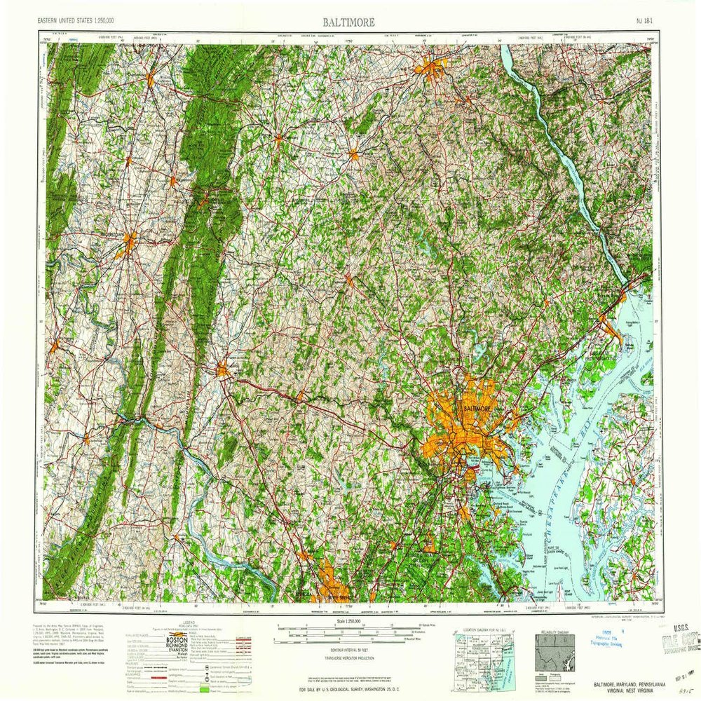 YellowMaps Baltimore MD topo map, 1:250000 Scale, 1 X 2 Degree, Historical, 1961, 22 x 31.2 in - Tyvek