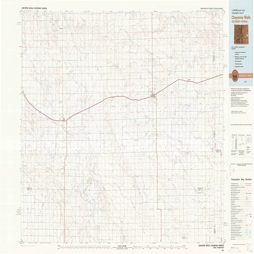Cheyenne Wells CO topo map, 1:100000 Scale, 30 X 60 Minute, Historical, 1981, Updated 1982, 24.1 x 43 in - Polypropylene