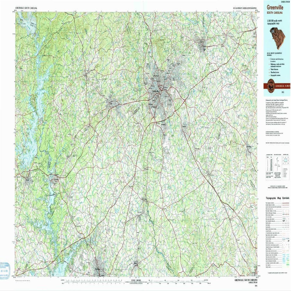 YellowMaps Greenville SC topo map, 1:100000 Scale, 30 X 60 Minute, Historical, 1991, 24 x 43.4 in - Paper