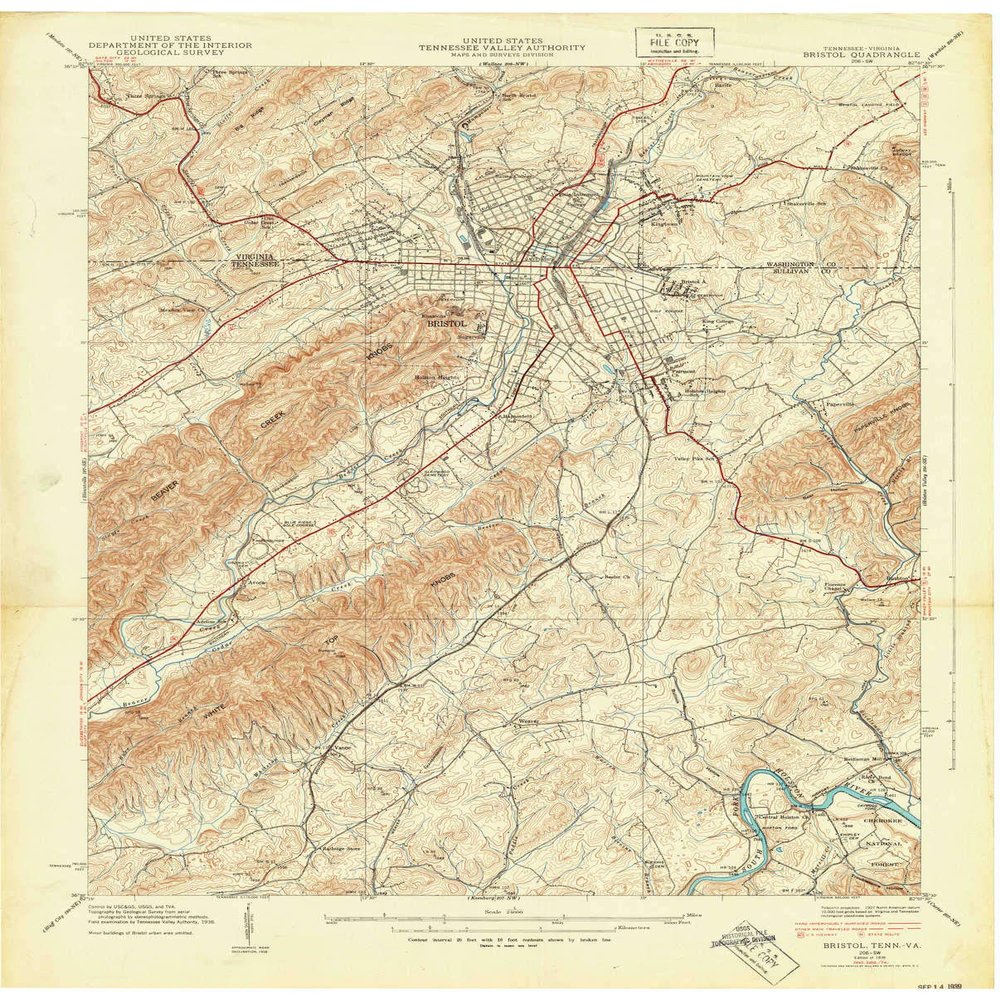 YellowMaps Bristol TN topo map, 1:24000 Scale, 7.5 X 7.5 Minute, Historical, 1938, 27.4 x 22 in - Polypropylene