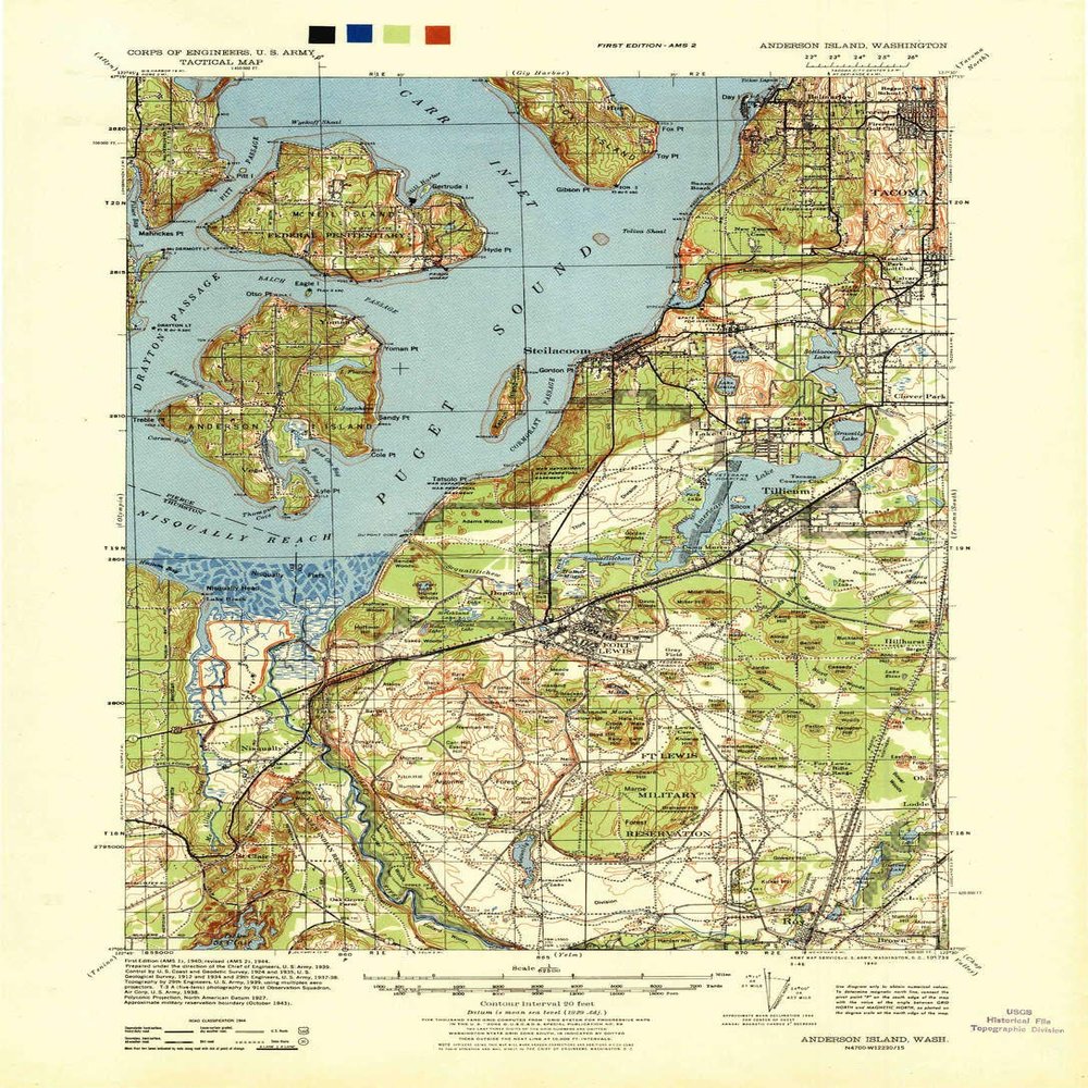 YellowMaps Anderson Island WA topo map, 1:62500 Scale, 15 X 15 Minute, Historical, 1940, 21.8 x 15.8 in - Tyvek