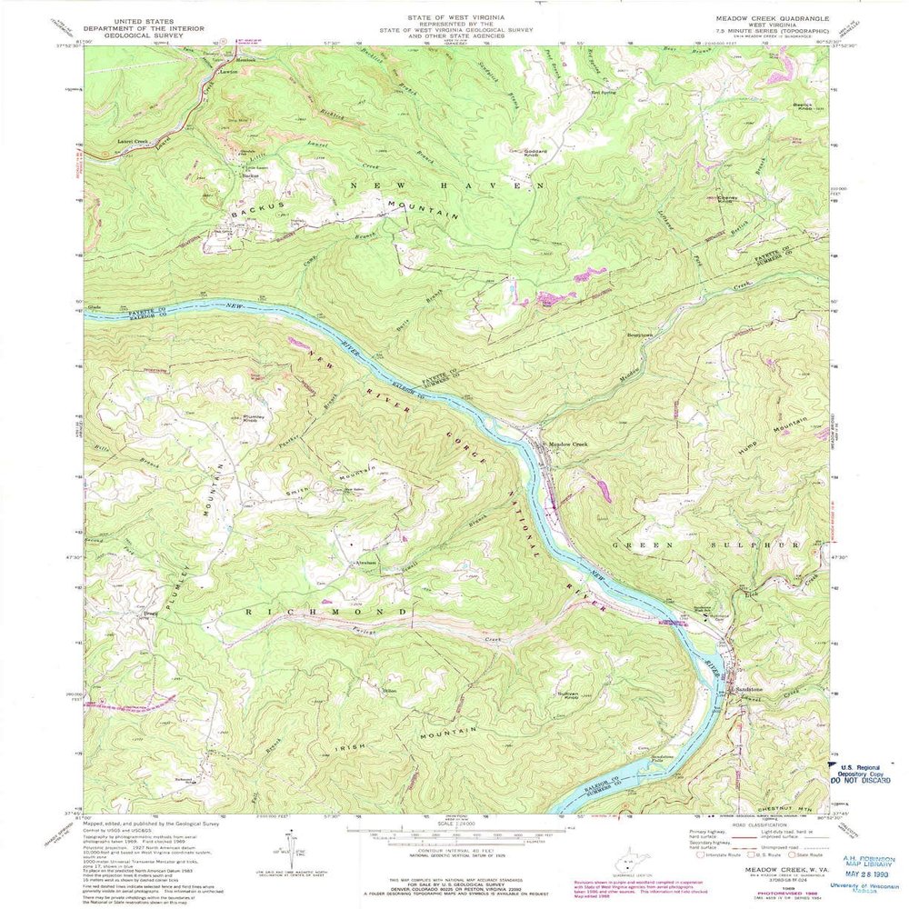 YellowMaps Meadow Creek WV topo map, 1:24000 Scale, 7.5 X 7.5 Minute, Historical, 1969, Updated 1989, 26.9 x 22 in - Polypropylene