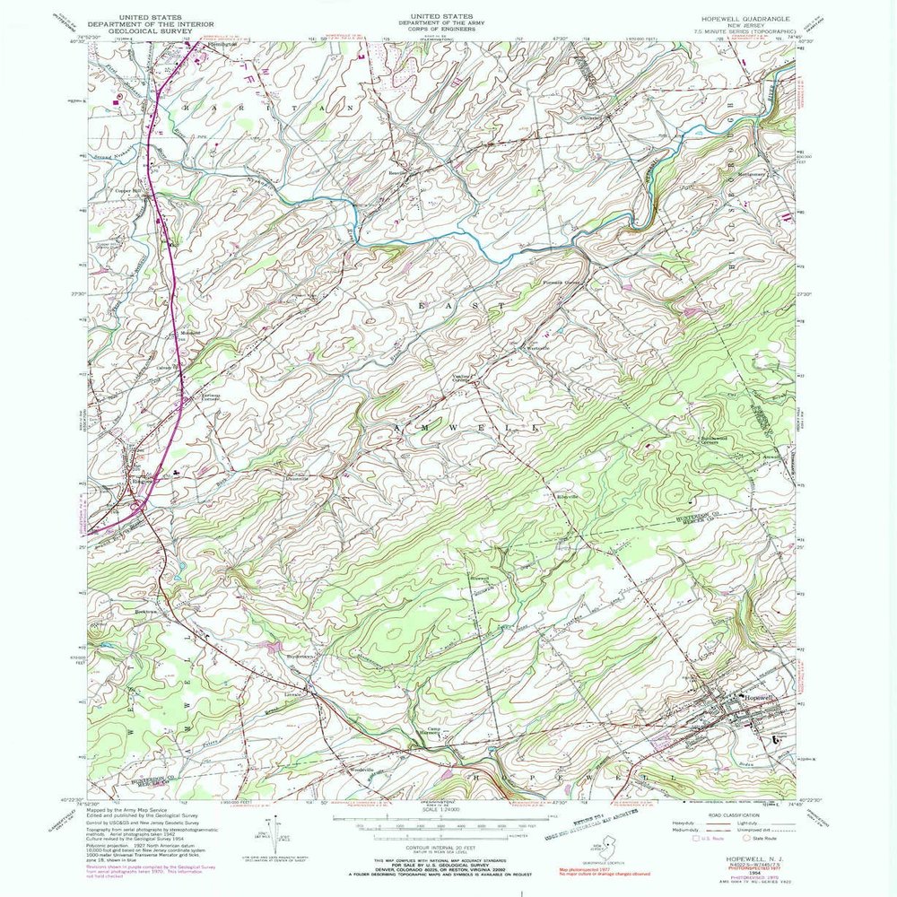 YellowMaps Hopewell NJ topo map, 1:24000 Scale, 7.5 X 7.5 Minute, Historical, 1954, Updated 1990, 26.9 x 22.1 in - Polypropylene