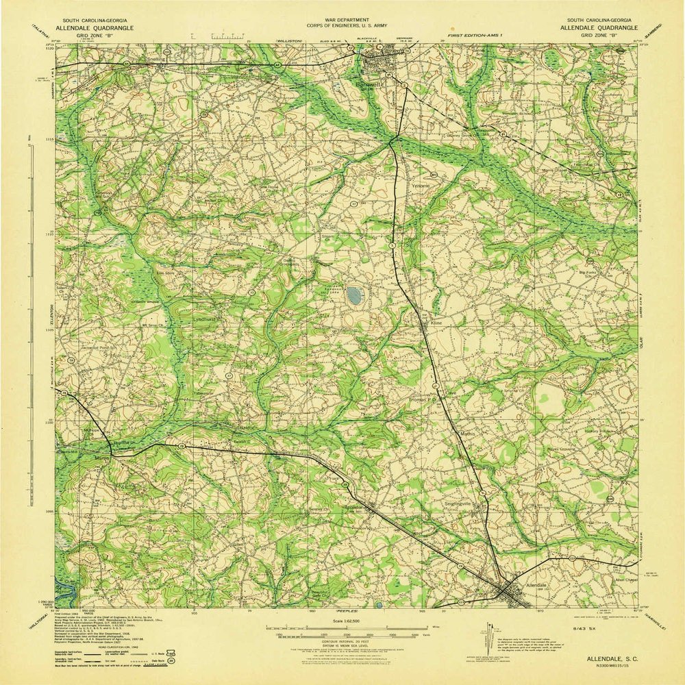 YellowMaps Allendale SC topo map, 1:62500 Scale, 15 X 15 Minute, Historical, 1943, 21.2 x 17.3 in - Polypropylene