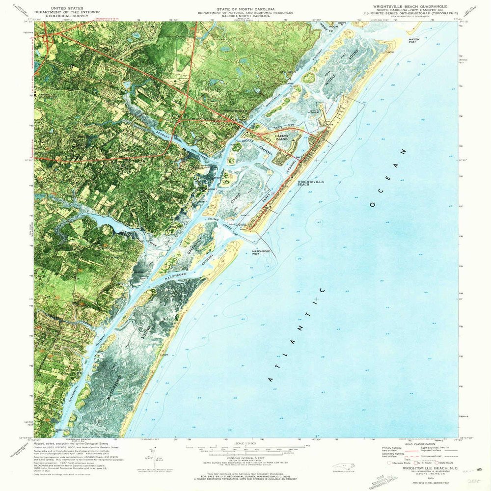 YellowMaps Wrightsville Beach NC topo map, 1:24000 Scale, 7.5 X 7.5 Minute, Historical, 1970, Updated 1972, 26.8 x 21.9 in - Polypropylene