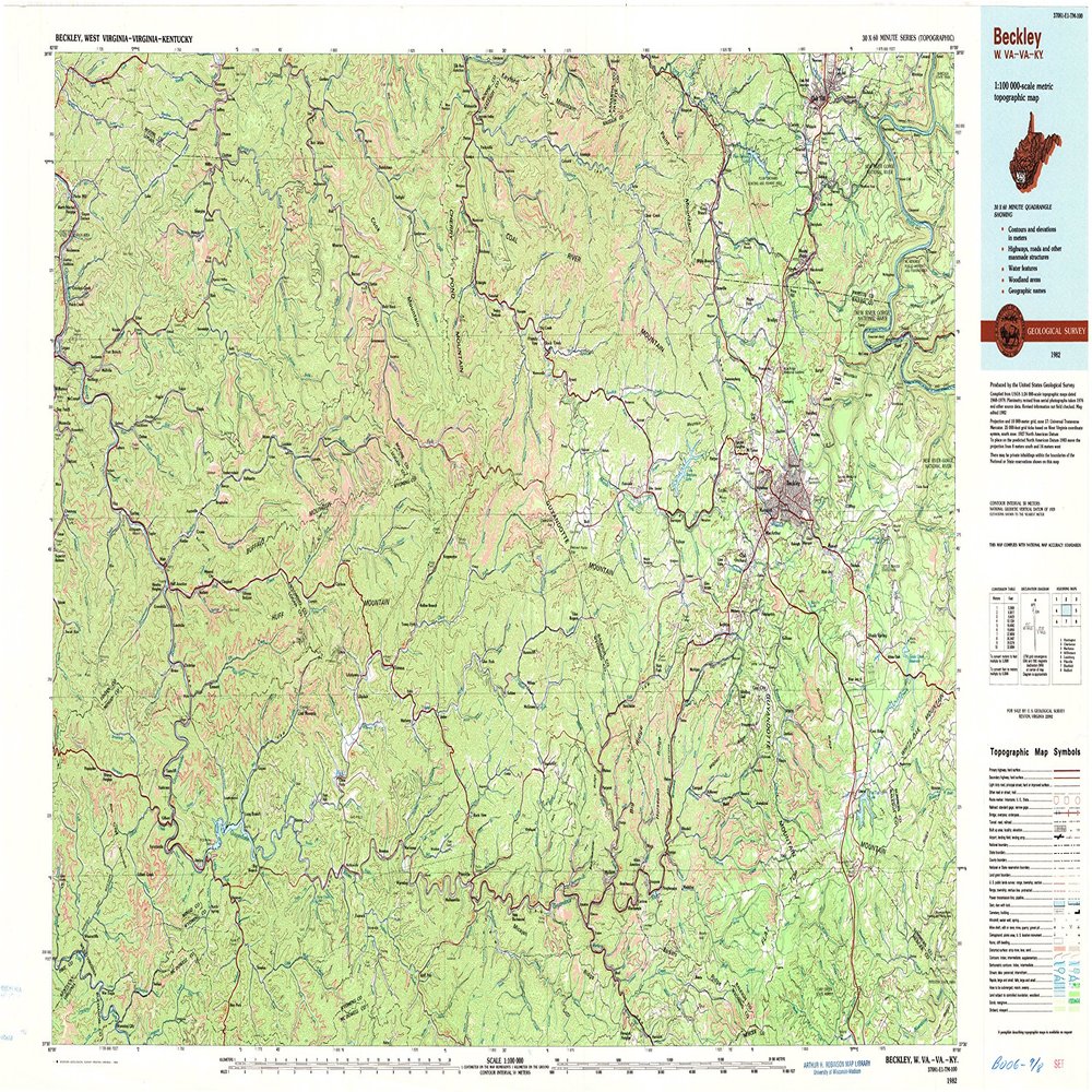 YellowMaps Beckley WV topo map, 1:100000 Scale, 30 X 60 Minute, Historical, 1982, Updated 1984, 24.1 x 42 in - Polypropylene