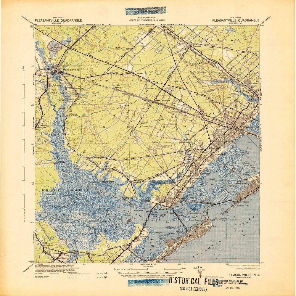 YellowMaps Pleasantville NJ topo map, 1:62500 Scale, 15 X 15 Minute, Historical, 1942, 21.8 x 17.9 in - Tyvek