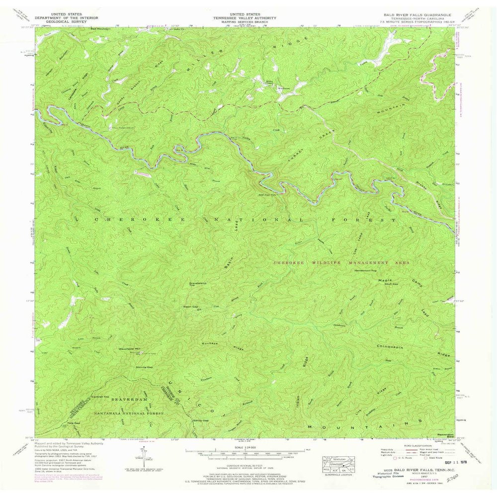 YellowMaps Bald River Falls TN topo map, 1:24000 Scale, 7.5 X 7.5 Minute, Historical, 1957, Updated 1978, 27.5 x 22 in - Polypropylene