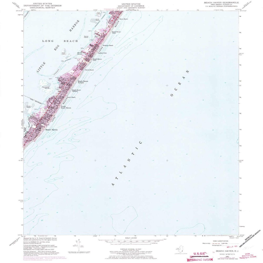 YellowMaps Beach Haven NJ topo map, 1:24000 Scale, 7.5 X 7.5 Minute, Historical, 1951, Updated 1973, 26.7 x 21.6 in - Tyvek