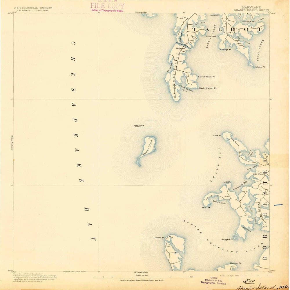 YellowMaps Sharps Island MD topo map, 1:62500 Scale, 15 X 15 Minute, Historical, 1893, 19.6 x 15.5 in - Polypropylene