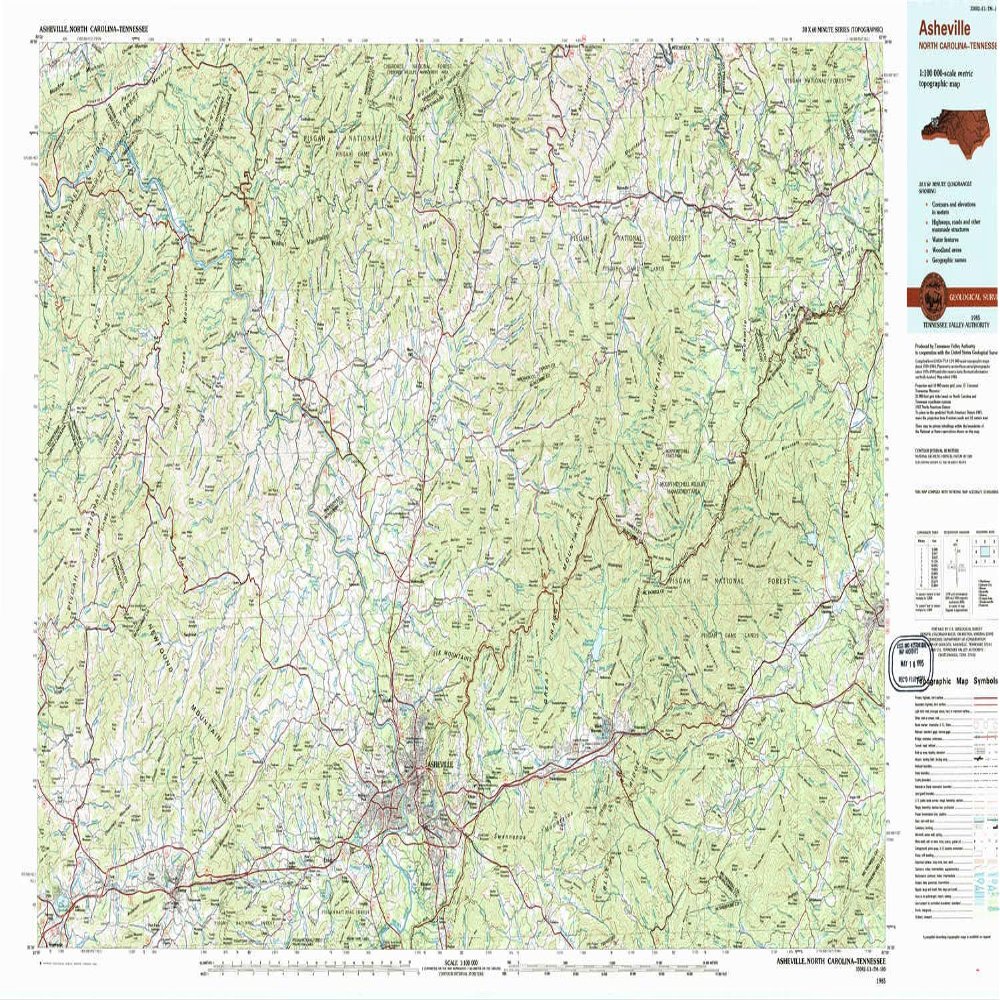 YellowMaps Asheville NC topo map, 1:100000 Scale, 30 X 60 Minute, Historical, 1985, Updated 1985, 24.1 x 42.1 in - Tyvek