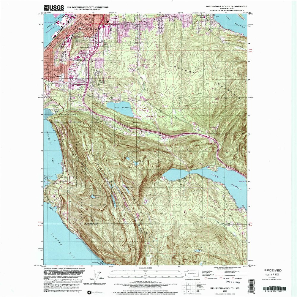 Bellingham South WA topo map, 1:24000 Scale, 7.5 X 7.5 Minute, Historical, 1998, Updated 2003, 26.9 x 22 in - Polypropylene
