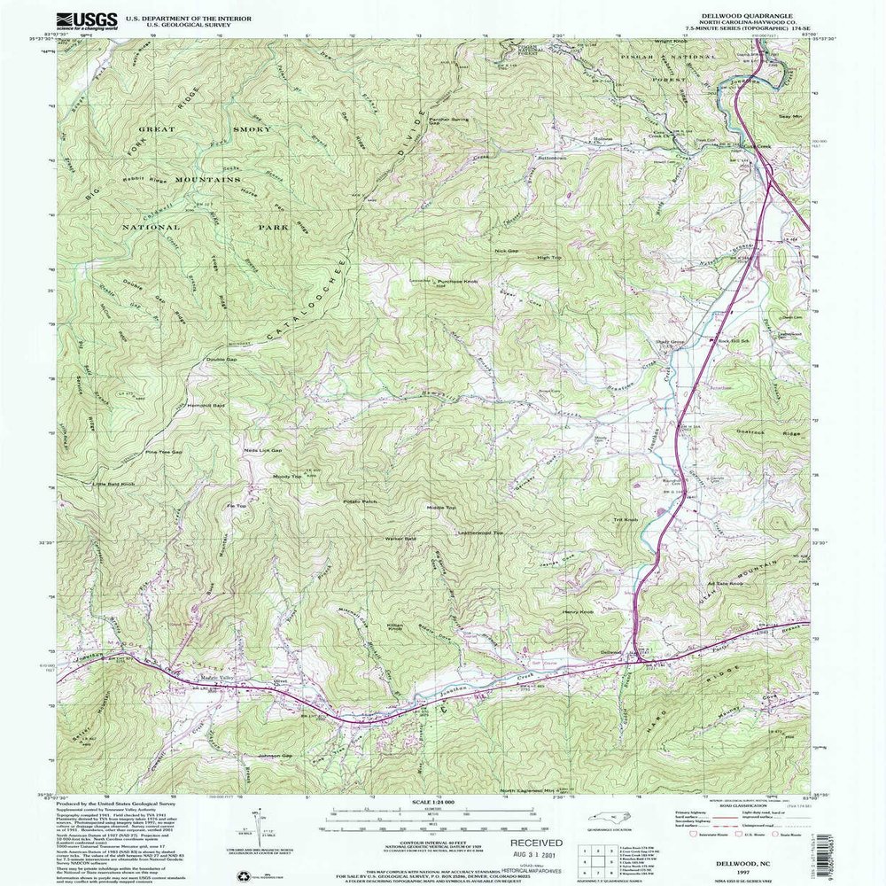 Dellwood NC topo map, 1:24000 Scale, 7.5 X 7.5 Minute, Historical, 1997, Updated 2001, 26.6 x 21.8 in - Tyvek