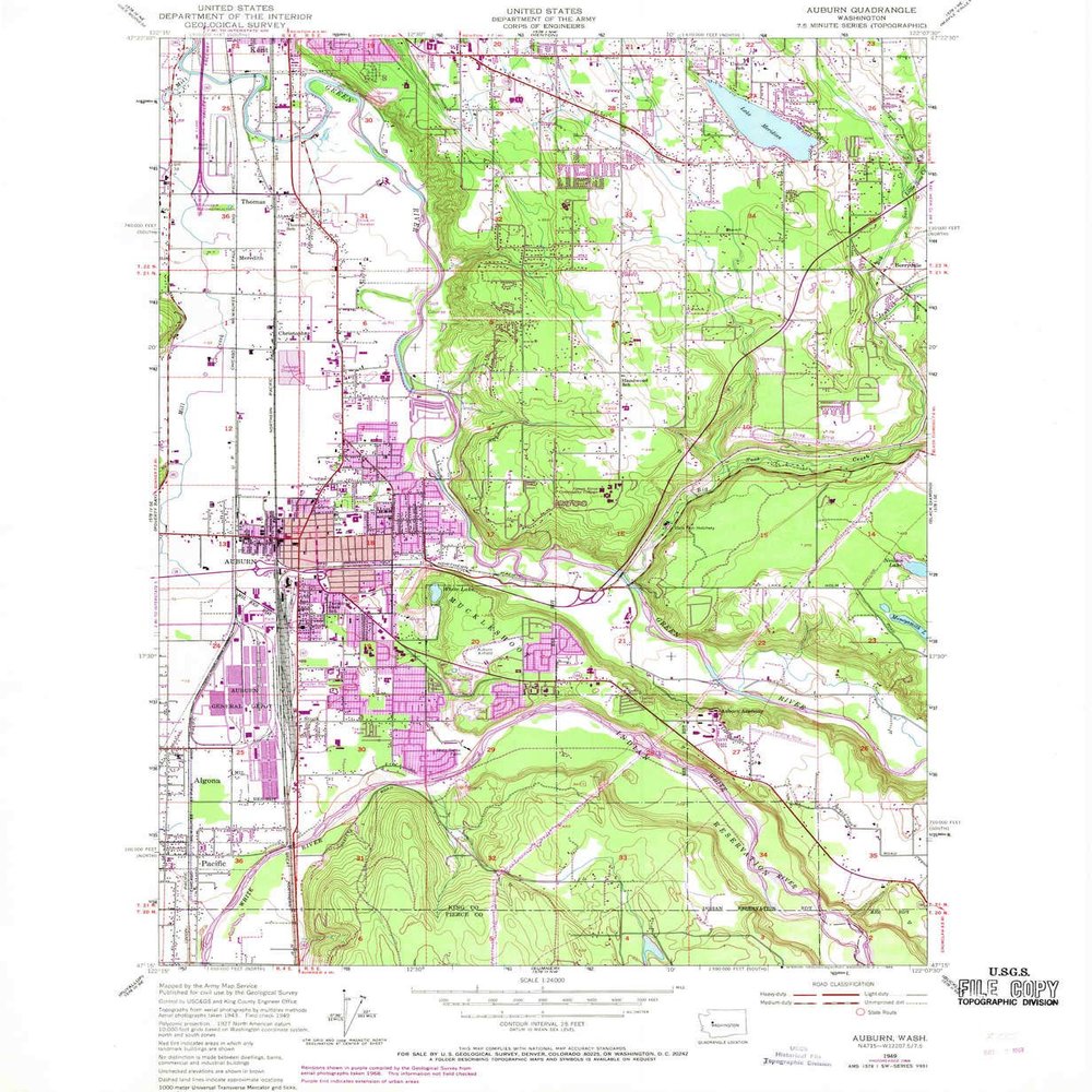 YellowMaps Auburn WA topo map, 1:24000 Scale, 7.5 X 7.5 Minute, Historical, 1949, Updated 1969, 26.8 x 22.1 in - Polypropylene
